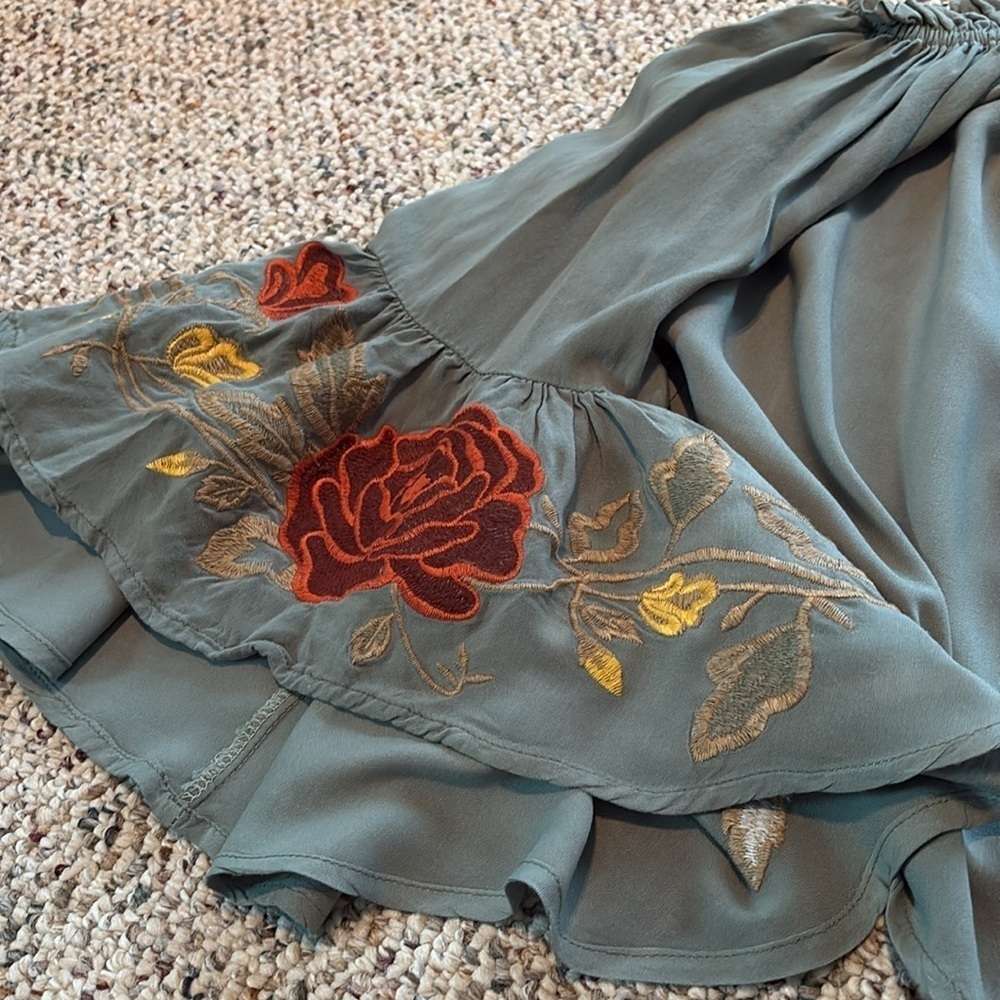 Iris Sage Green Smocked Top with Appliqué Embroidered Bell Sleeves. Rayon. Small - Picture 4 of 10